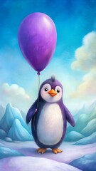 Obraz premium Penguin with purple balloon in snowy landscape