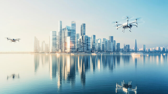 A peaceful futuristic waterfront city with sleek skyscrapers and drones checking water quality