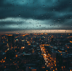 A rainy cityscape viewed through a window with water droplets, featuring glowing urban lights under a cloudy sky.