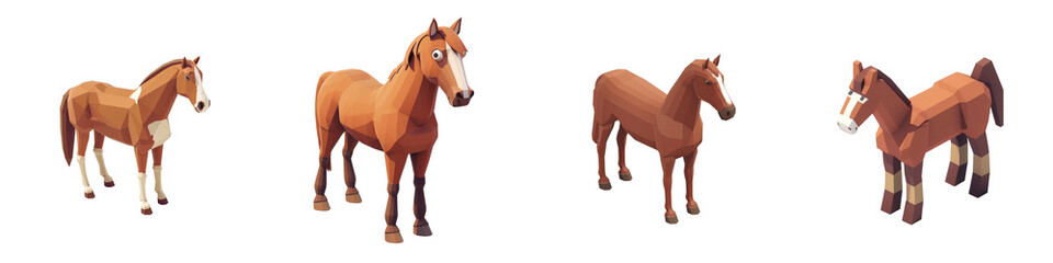 Obraz premium Four cute cartoon horses in different poses against a white isolated background.