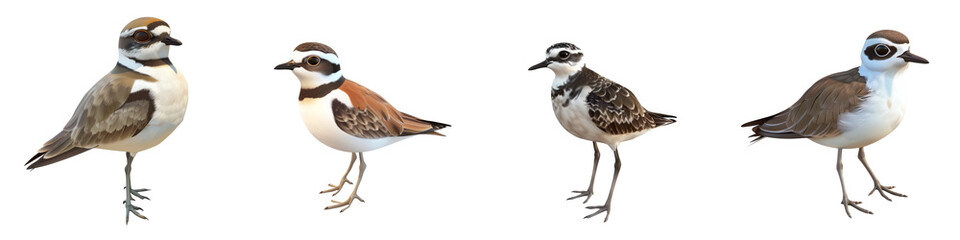 Fototapeta premium Four different species of birds on a white isolated background, showcasing their unique colors and features.