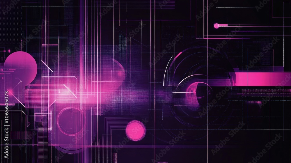 Poster abstract geometric shapes and lines in shades of purple showcasing vibrant circles stripes and grids