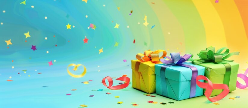 Three Colourful Presents In Yellow Green And Blue With Colorful Gift Ribbons And A Yellow Green And Blue Rainbow Background Happy Birthday Cards Invitation Greeting Gratulation Card With Copy Space