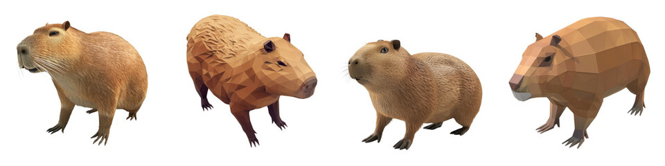 Obraz premium Four distinct capybara stylizations on a white isolated background, showcasing their unique features.