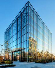 Fototapeta premium Modern glass building with geometric steel frame under a clear blue sky