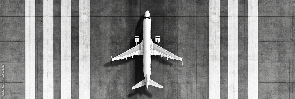 Poster white passenger airplane parked on an airport runway, casting a shadow on the concrete surface, with