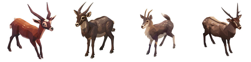 Obraz premium Four stylized animals with horns displayed on a white isolated background.