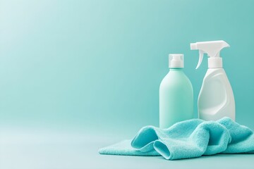 Simple Cleaning Products for Hygiene Concept, bottle, cloth, plain, arrangement