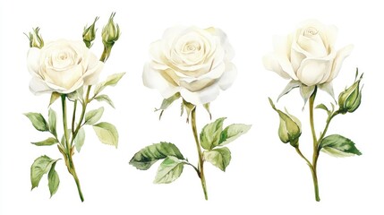 Fototapeta premium Watercolor illustration of hand drawn white roses isolated on a white background Ideal for floral arrangements wedding invitations anniversaries birthdays and greeting cards