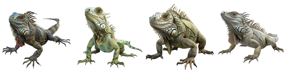 Fototapeta premium Four uniquely designed lizards in varying positions, showcasing intricate textures and colors on a white isolated background.