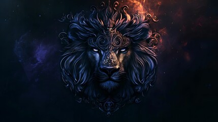 Intricate Fantasy Lion Head with Mystical Background, ornamentation, detail, dark, art