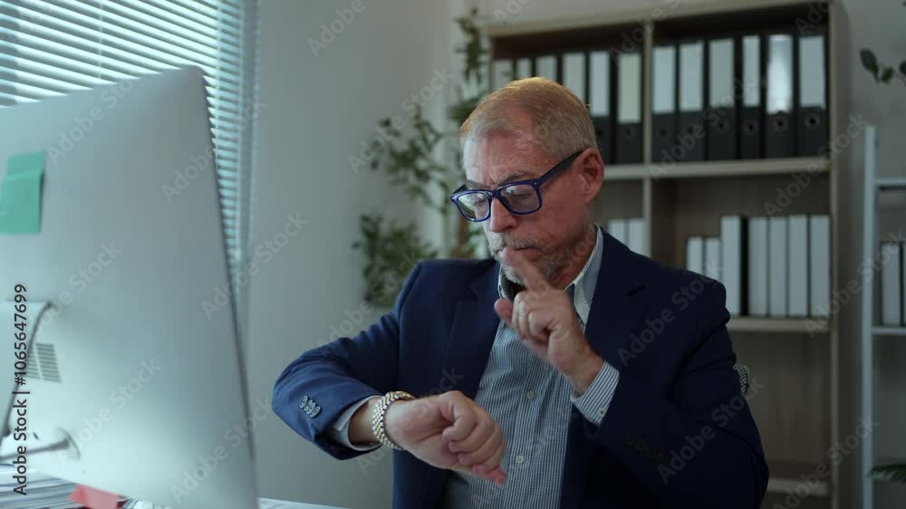 Aufkleber Businessman checking his watch while working on a computer in an office environment, managing time and deadlines efficiently