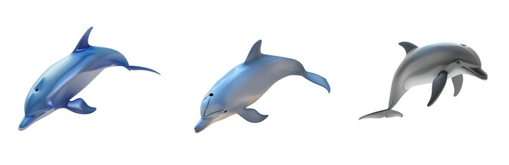 Obraz premium Three colorful dolphin illustrations on white isolated background, showcasing playful aquatic marine life.