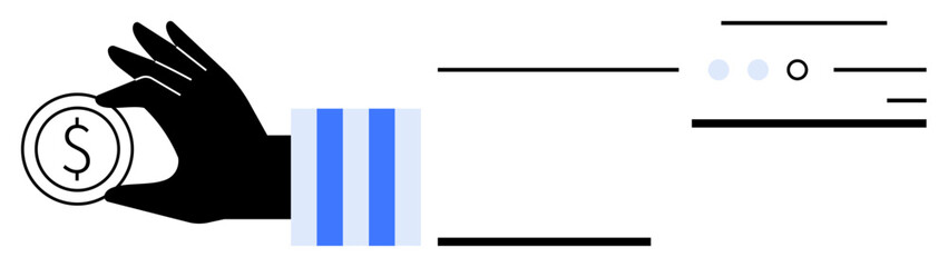 Hand holding a coin symbolizing financial transactions, with horizontal lines and icons representing digital data transfer. Ideal for finance, banking, transactions, investments, digital currency