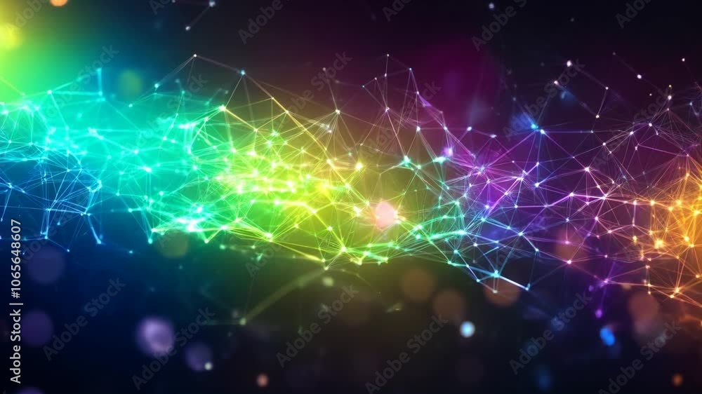 Poster abstract tech background consisting of neon hexes and polygons along which digital data particles mo