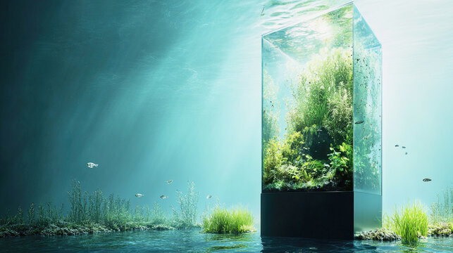 Sleek underwater skyscraper showcasing an aquatic garden illuminated by natural light