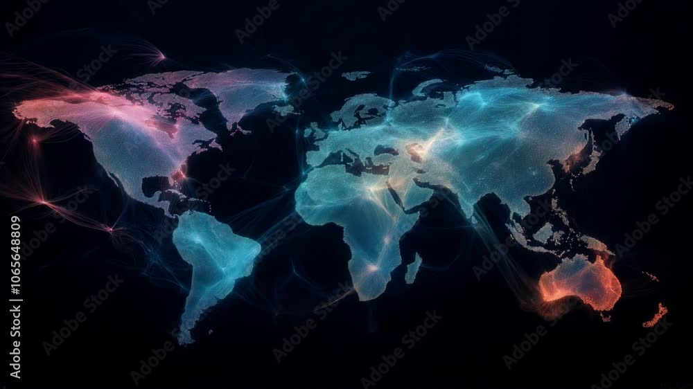 Poster map of the earth with continents surrounded by moving digital data flows and neural networks.