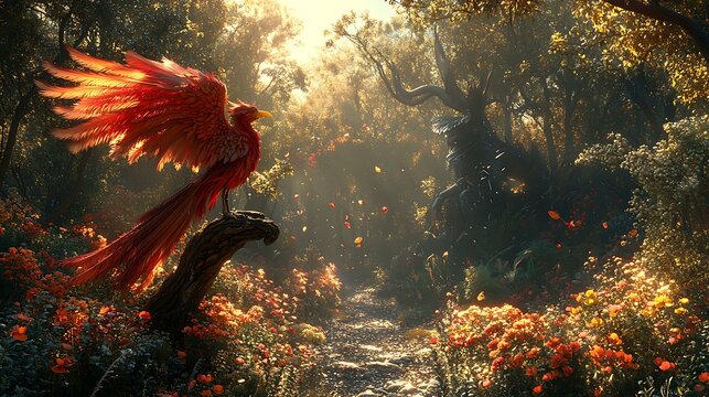 A warm, magical 3D Himmapan forest scene with Kinaree singing on a branch while Garuda and Naga listen, with beautiful forest lighting and colors