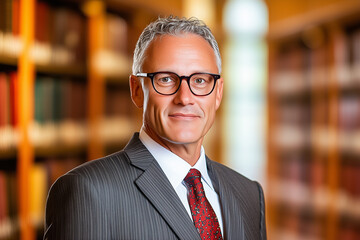 Fototapeta premium A confident man wearing glasses and a suit poses in a library with rich wooden bookshelves