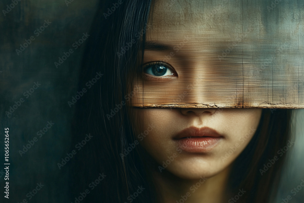 Poster mysterious portrait of woman with surreal effect, where her face is partially obscured by wooden tex