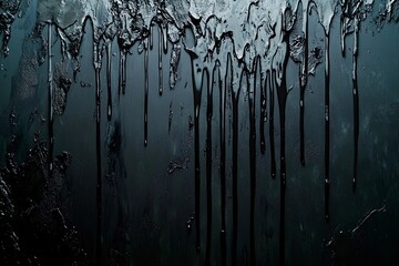 Dripping patterns of dark liquid on a textured surface in dim lighting. Generative AI