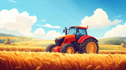 Fototapeta premium An idyllic view of a tractor working in the harvest fields, symbolizing hard work and dedication.