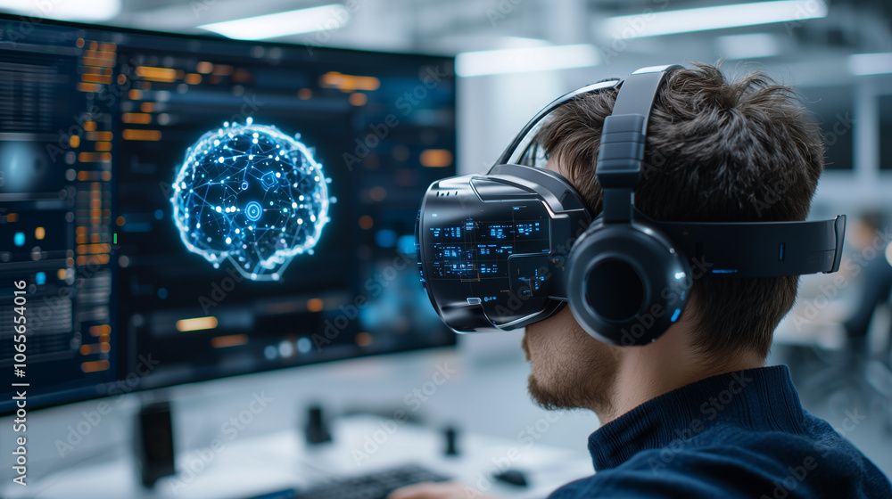 Poster man wearing virtual reality headset explores digital brain interface in futuristic office, highlighting integration of technology and human interaction