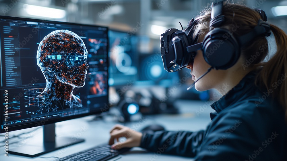 Aufkleber person wearing virtual reality goggles interacts with digital interface displaying human head made of data points, symbolizing integration of AI in technology