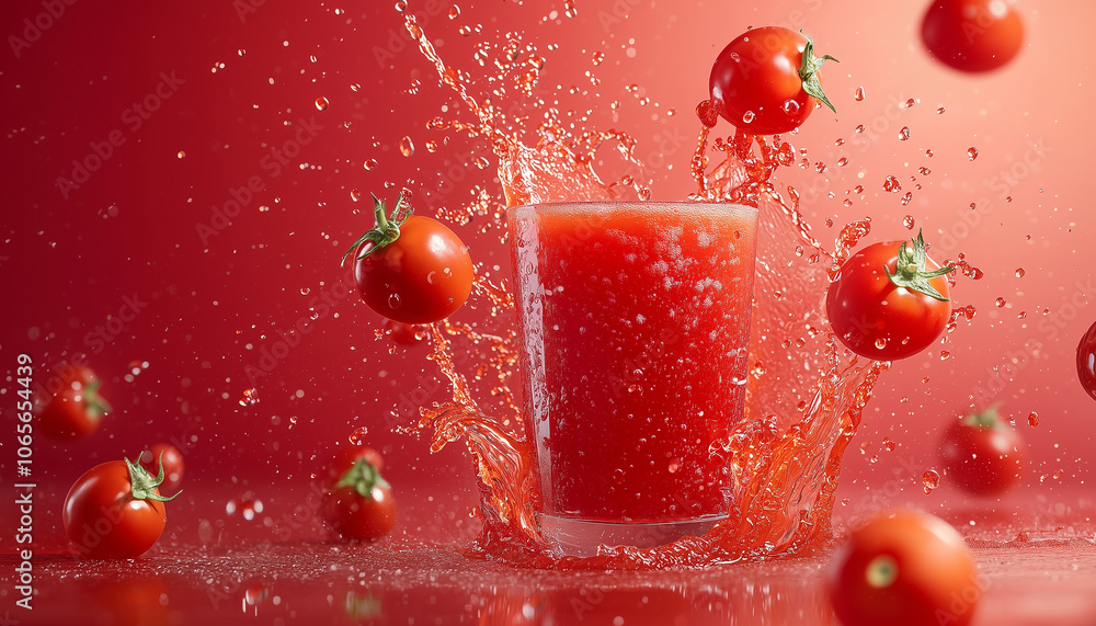 Poster vibrant splash of fresh tomato juice with whole tomatoes in motion, creating dynamic and refreshing scene. red background enhances lively and energetic feel