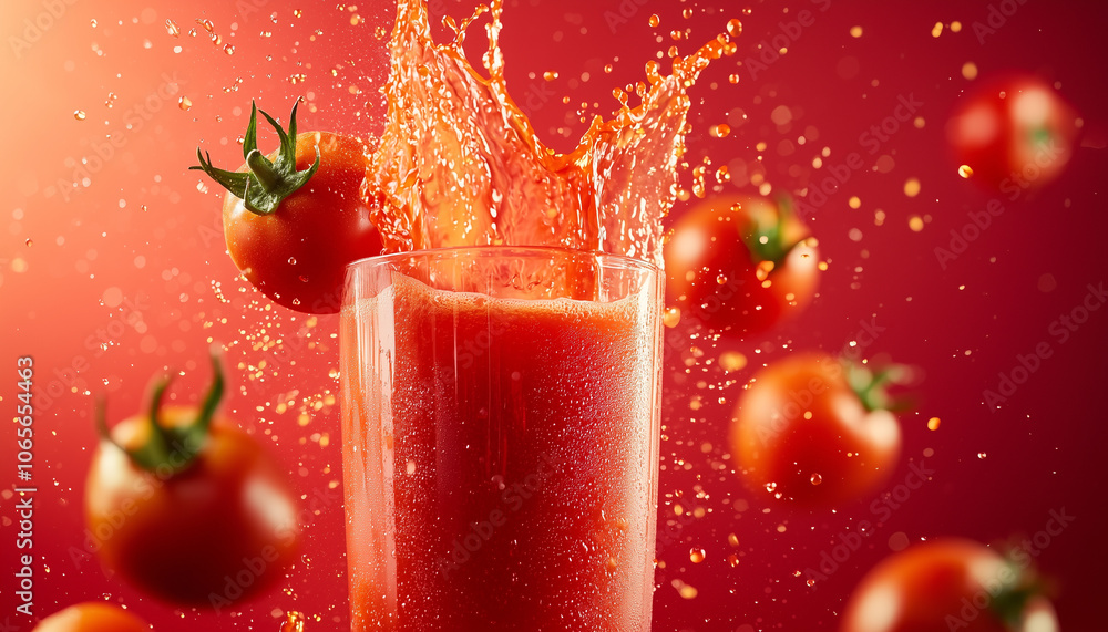 Poster fresh tomatoes splash into glass of vibrant tomato juice, creating energetic and refreshing scene ag