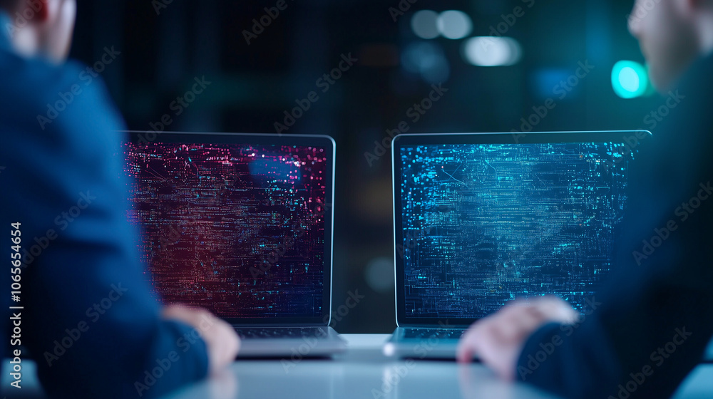 Poster two people working on laptops with digital code displayed on screens, highlighting comparison betwee