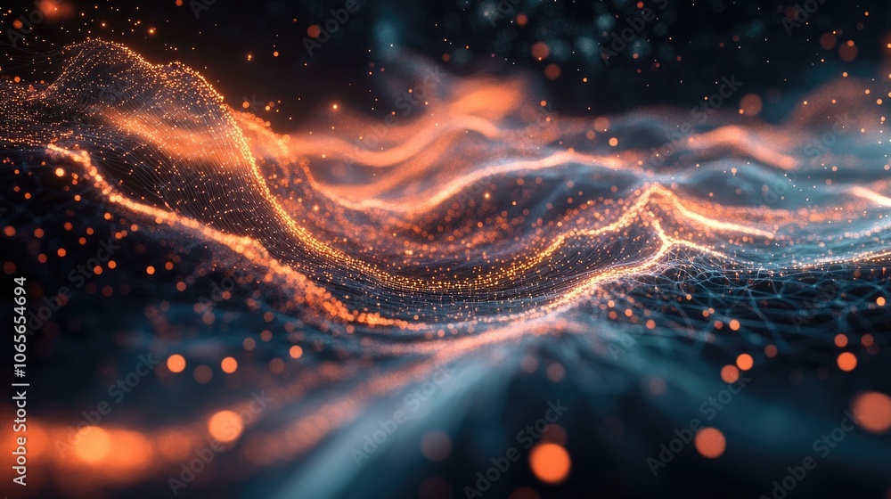 Poster data and information visualized through modern particle energy flow suitable for backgrounds or wall