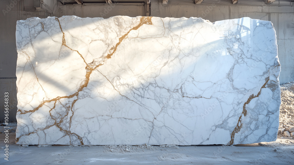Aufkleber large slab of white marble with intricate gold veining stands in quarry, showcasing its natural beau