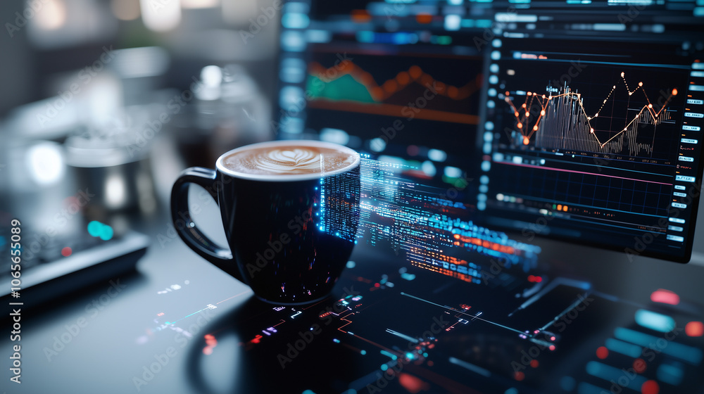 Poster coffee cup with data streams flowing from it, surrounded by digital graphs and charts on screens, creating futuristic and innovative atmosphere
