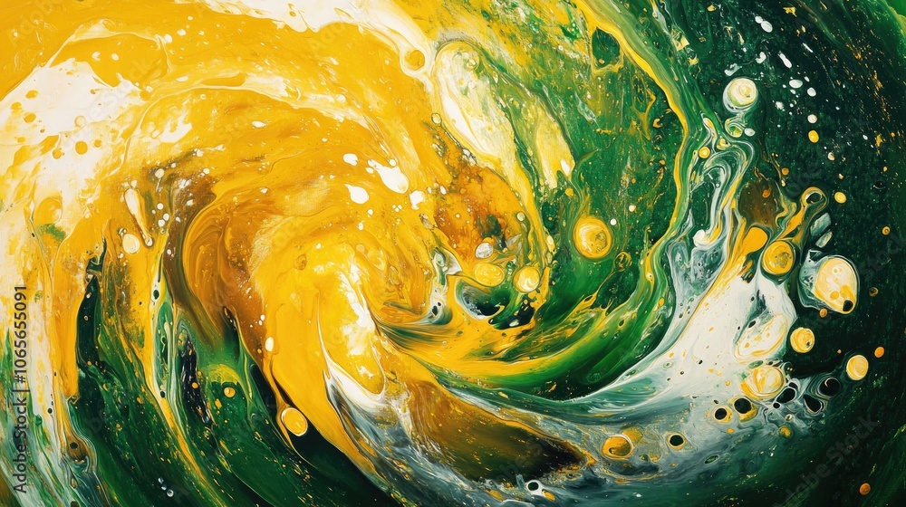 Poster a close up captures a swirling vortex of vibrant yellow green and white acrylic paint splashes creat