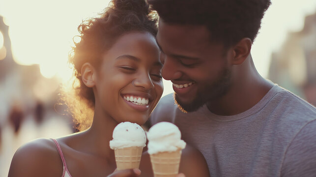 A happy couple laughs together while holding ice cream cones on a bright day, capturing a moment of love and joy. Their genuine smiles radiate warmth and affection.