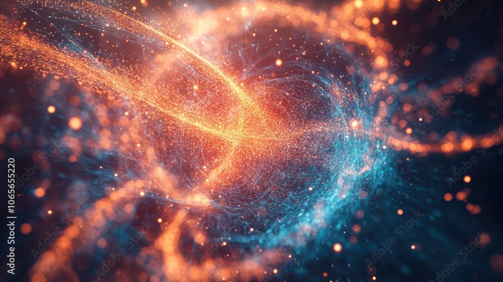 Poster data and information visualized through modern particle energy flow suitable for backgrounds or wall