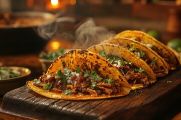 mexican cuisine, enjoy traditional birria tacos served on a rustic wooden plate, surrounded by aromatic steam, in a cozy candlelit kitchen