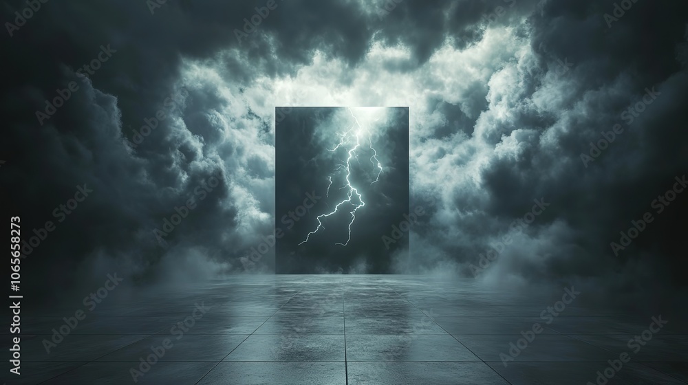 Poster otherworldly storm brews over stark concrete platform dense swirling fog creeps across the floor ill