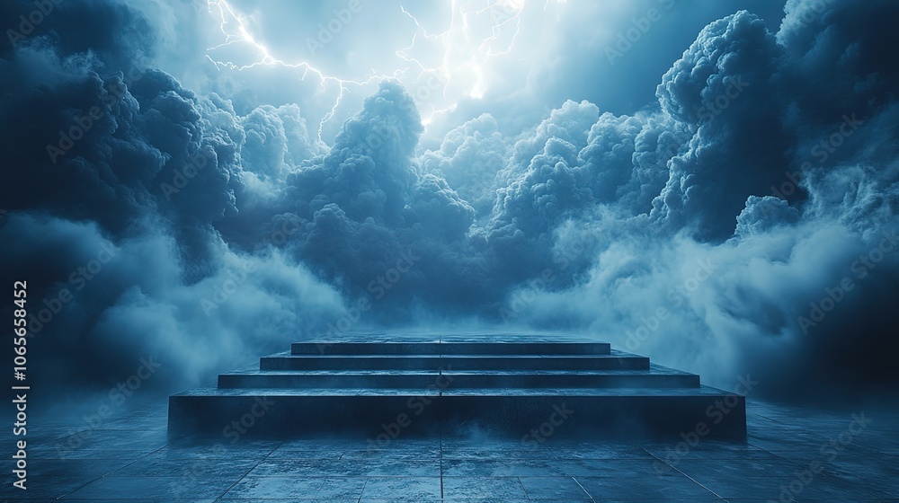 Poster otherworldly storm brews over stark concrete platform dense swirling fog creeps across the floor ill