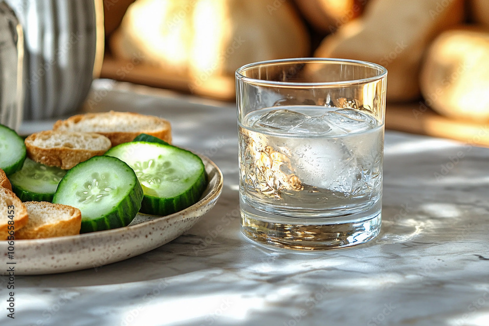 Poster refreshing drink with cucumber slices and toasted bread on a table