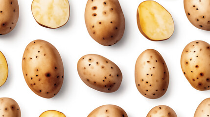 Obraz premium Pattern of whole and cut potatoes with brown skin and visible dots on a white background, showcasing various shades and textures of the potato surface.