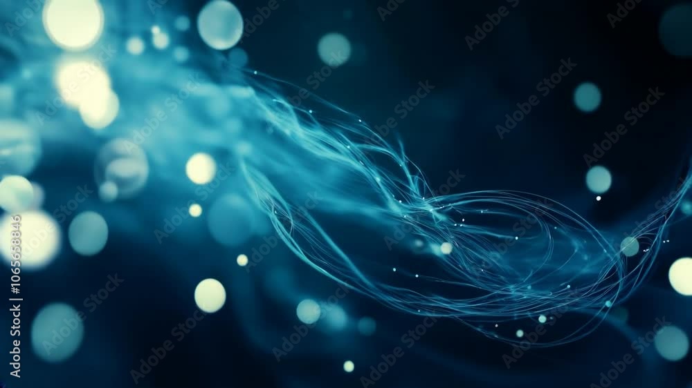 Poster abstract tech background: blue moving wave of data streams in neon light