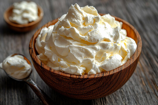 Creamy whipped cream in a rustic wooden bowl ready for desserts