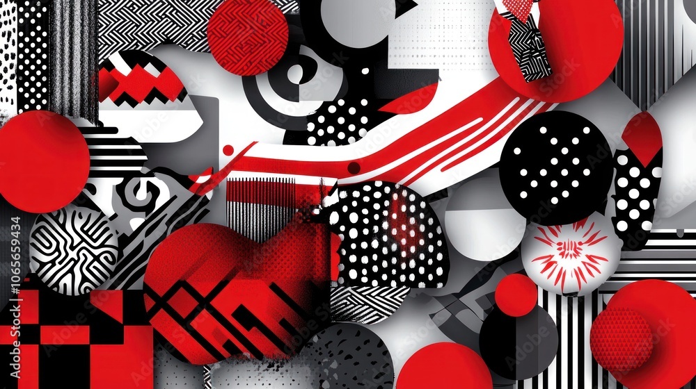 Poster Abstract Geometric Design with Red and Black Circles and Patterns