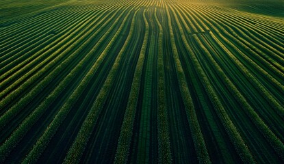 Obraz premium Beautiful green field with rows of crops at sunset, an idyllic rural landscape, natural scenery in the spring season.