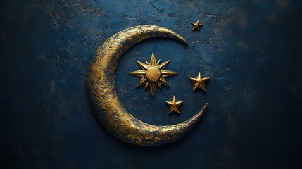 Golden moon, sun, and stars symbol on dark blue background. Winter solstice day. Copy space