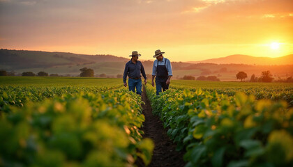 Fototapeta premium Farmers inspecting crops at sunset in a peaceful rural field, embodying dedication and the beauty of agricultural life.