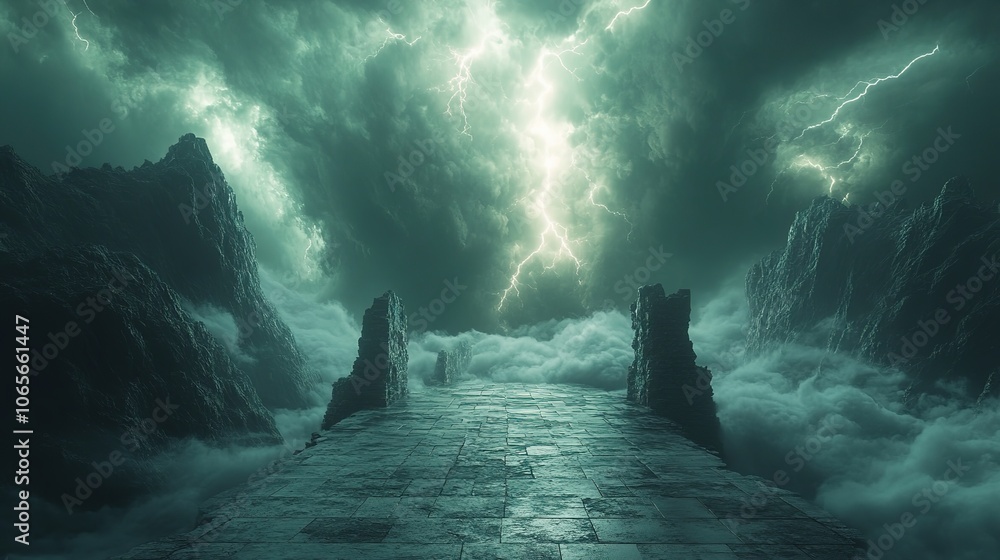 Poster otherworldly storm brews over stark concrete platform dense swirling fog creeps across the floor ill