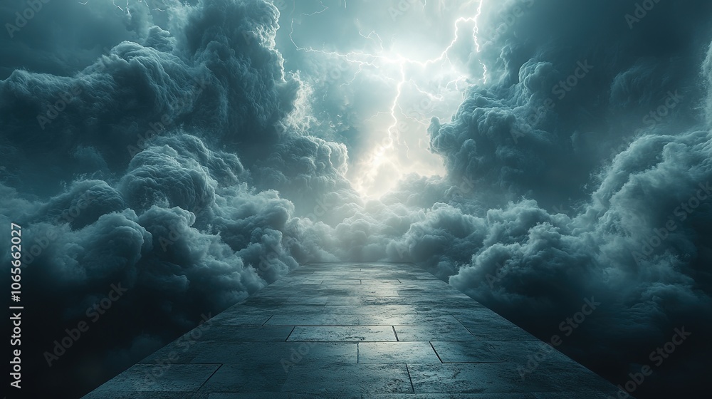 Poster otherworldly storm brews over stark concrete platform dense swirling fog creeps across the floor ill